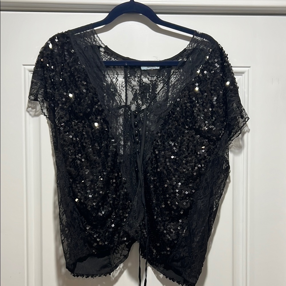 DO+BE Black Sequin Tie Front Blouse Size L